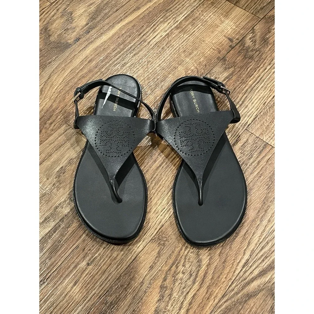 Tory Burch Capri Perf Sandal Thong Leather Perfect Black Size‎ 7 NWOB